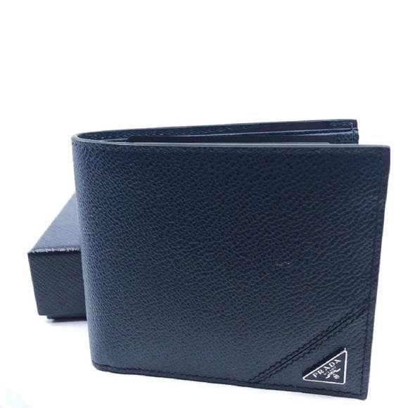 Prada Mens Vitello Micro Grain Navy Blue Leather Triangle Logo Bifold - Picture 1 of 6